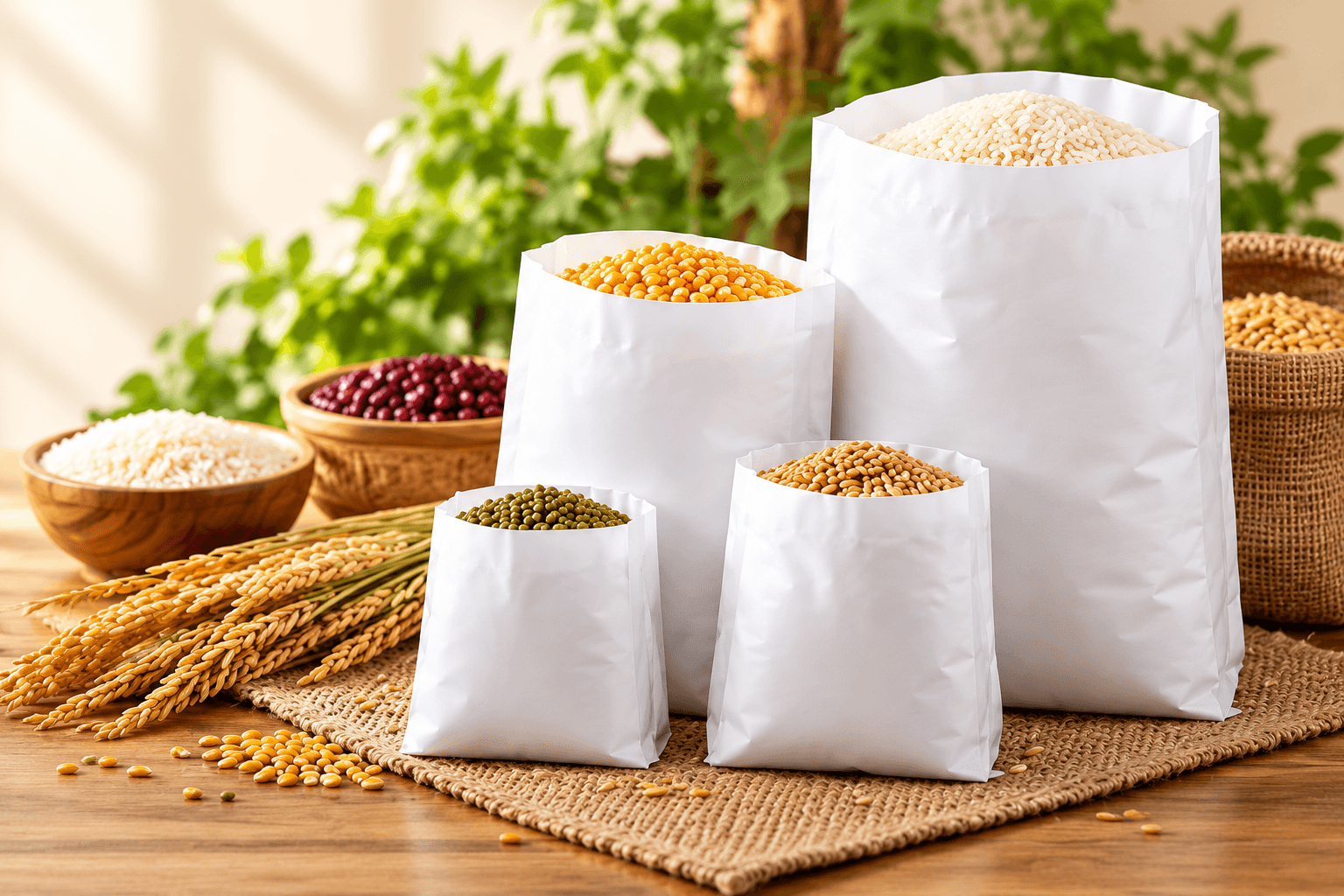 Open Bags used to package rice.
